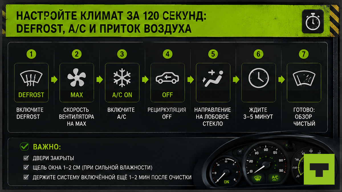 Схема 7 шагов: defrost, A/C и приток воздуха за 120 секунд на стоянке